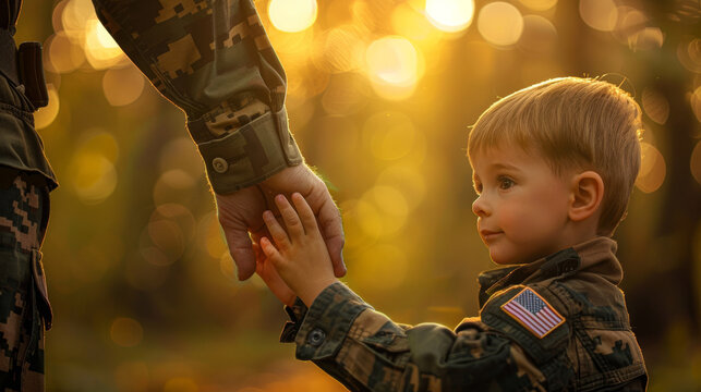A man and a boy are holding hands. The boy is wearing a camouflage jacket