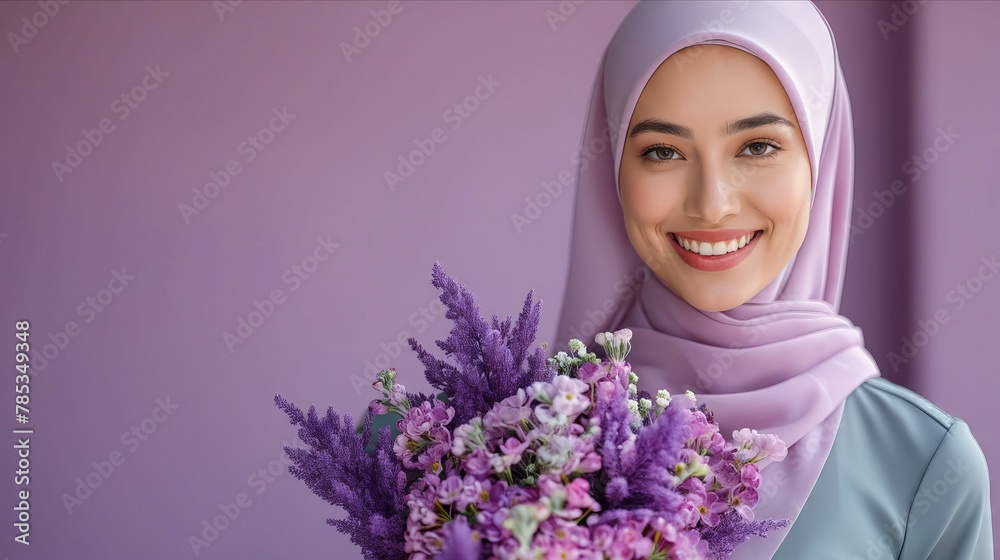 Wall mural A beautiful woman in hijab holding a bouquet of purple flowers.