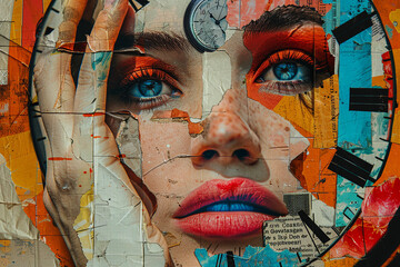 Collage portrait painting facial closeup eye contact print design art poster Generative AI...