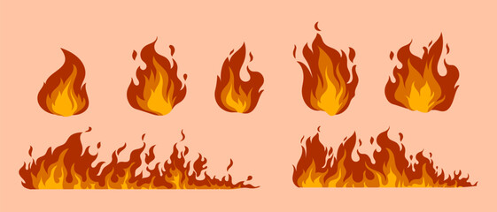 Set of icon with different fire vector illustration. Hot, bonfire, burning or ignition.