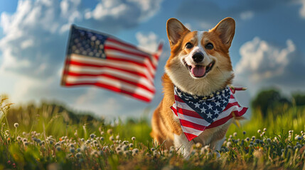 A dog is standing in a field next to an American flag. The dog is wearing a red bandana
