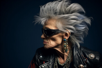 Colorful Generative AI picture of stylish punk person with hairy hairstyle rebellion punk leather outfit