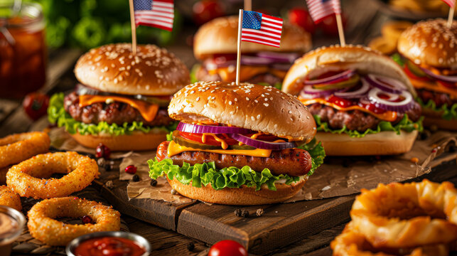 A table with four hamburgers and three American flags. The hamburgers are topped with lettuce, onions, and pickles. The table also has a variety of condiments and a bowl of ketchup