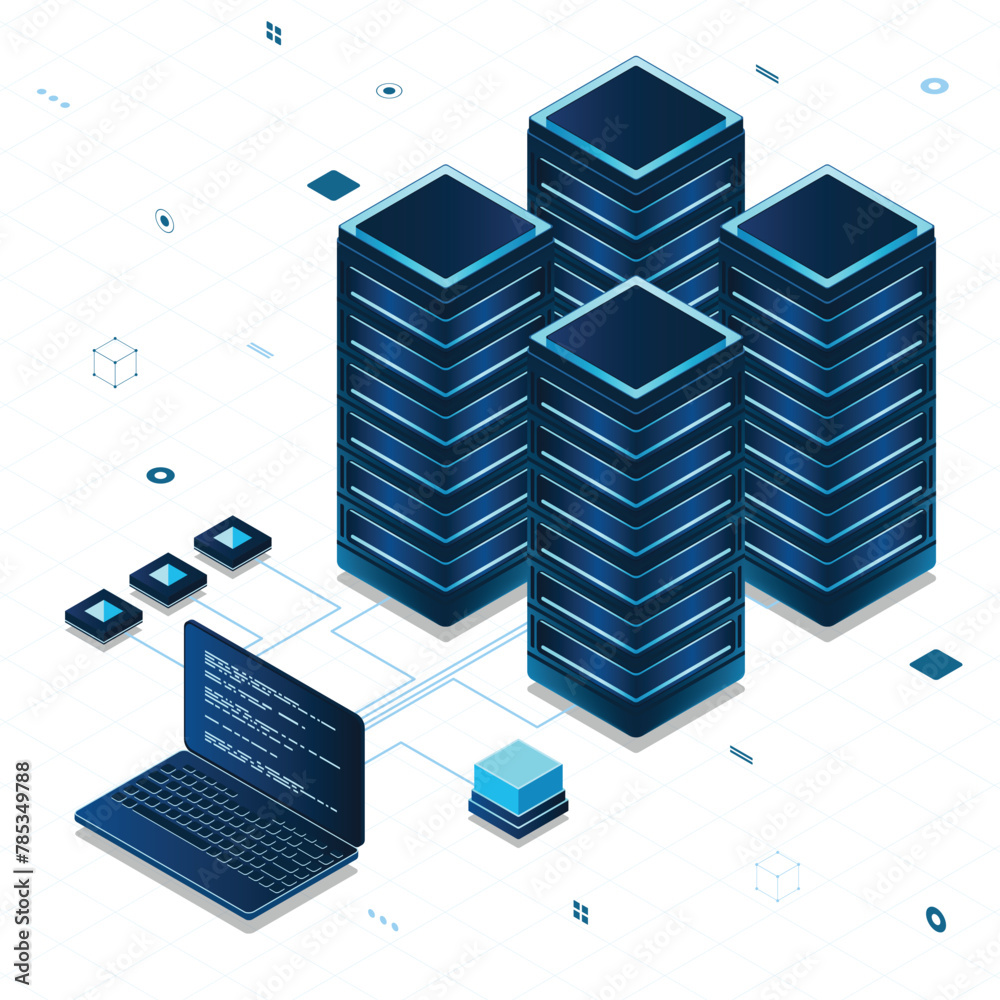 Poster database servers. server room data center. hosting server isometric. vector isometric illustration