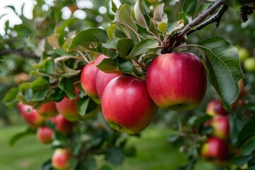 Obraz premium Orchard scene bountiful harvest of ripe red apples on branch