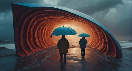 People taking shelter or cover from the hurricane - obrazy, fototapety, plakaty