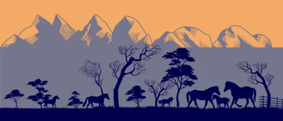 Fototapete Lavendel An African safari animal silhouette  with hill, mountain landscape scene on background vector illustration.  © Suryadi