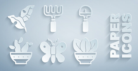 Set Butterfly, Shovel, Cactus peyote in pot, Plant, Garden rake and Tropical leaves icon. Vector