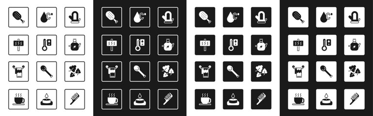 Fototapeta premium Set Sauna mitten, thermometer, brush, Teapot with leaf, Water temperature, Oak and Towel on hanger icon. Vector