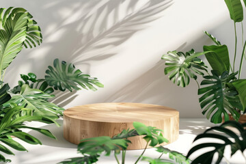 A 3D scene with a natural wood podium in the center, the podium should have a round shape with a smooth, light wood finish. Surround the podium with lush green leaves creating a fresh and organic look