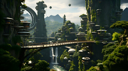 Fantasy landscape with a bridge over the waterfall. 3d rendering