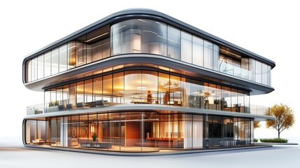 A large building with a glass facade and a balcony - obrazy, fototapety, plakaty
