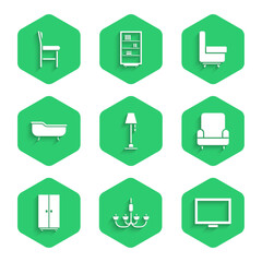 Set Floor lamp, Chandelier, Picture frame on table, Armchair, Wardrobe, Bathtub, and Chair icon. Vector