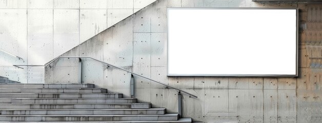 a big white blank empty advertising poster mockup displayed on a city outdoor wall, complemented by stairs and handrails, illuminated by cinematic lighting for maximum impact.