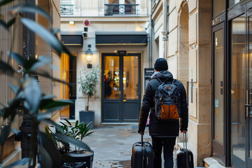 Traveler with backpack and suitcase passing through a chic hotel alleyway