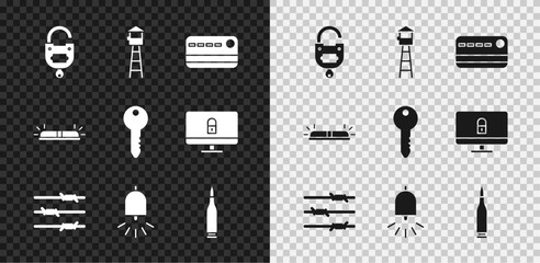 Set Lock and key, Watch tower, Credit card, Barbed wire, Ringing alarm bell, Bullet, Flasher siren and Key icon. Vector - obrazy, fototapety, plakaty