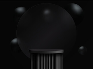 Black round podium with transparent glass and background with black spheres. Abstract vector rendering of a 3d shape to display promotional products.