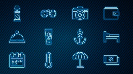 Set line Airline ticket, Bed, Photo camera, Sunscreen cream tube, Hotel service bell, Lighthouse, Anchor and Binoculars icon. Vector