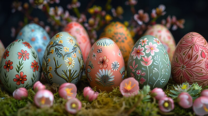 Fototapeta na wymiar Closeup of painted eggs with floral patterns easter eggs for easter celebration, easter eggs in a basket 3d Image