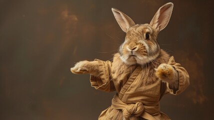 Rabbit in traditional brown karate gi doing a pose - A confident rabbit dressed in a traditional brown karate gi assumes a martial arts pose symbolizing discipline and tradition