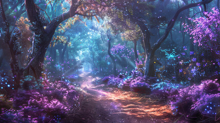 Fantasy and fairytale magical forest with purple