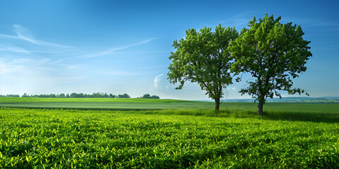 Fototapeta na wymiar Beautiful green environment Under the blue sky and white clouds two trees grow in the vast Green field tree and blue sky landscape wallpaper 