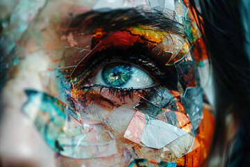 Fashionable Generative AI illustration image female facial collage many colorful elements trend...