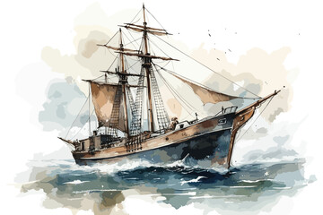 Ship Shipwreck Sea Waves Tall Ship watercolor white background.