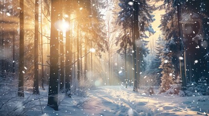 Winter nature scene with sun shining.
