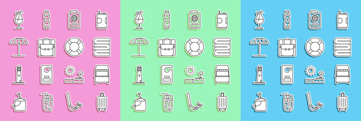 Set line Suitcase, Street stall with awning, Towel stack, Passport ticket, Hiking backpack, Sun protective umbrella for beach, Cocktail and alcohol drink and Lifebuoy icon. Vector