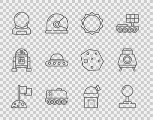 Set line Moon with flag, Joystick, Sun, Mars rover, Astronaut helmet, UFO flying spaceship, Astronomical observatory and icon. Vector