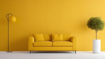minimalist yellow living room with plant pot, sofa and lamp