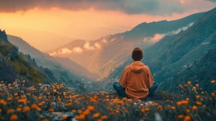 Person meditating on mountain during sunset - A solitary person in orange jacket meditates on a mountain top amidst a field of wildflowers with a breathtaking sunset