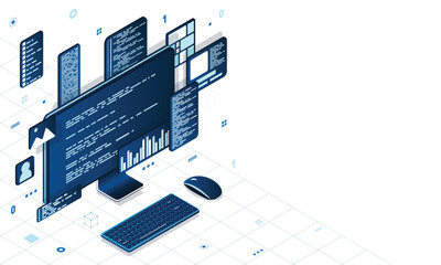 Computer technology isometric illustration. Desktop computer platforms. Software programming coding concept. Code with computer monitor