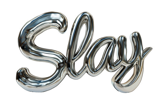 the word "slay" in vogue style, isolated, chrome typeface