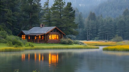 Tranquil Cabin Retreat by Serene Lake. Concept Cabin Retreat, Serene Lake, Tranquility, Nature Escape, Relaxation