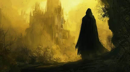 Fotobehang Rays of light illuminate mysterious cloaked figure - An enigmatic cloaked figure is seen walking towards a glowing, ethereal cathedral amidst a yellow, fog-shrouded landscape © Tida