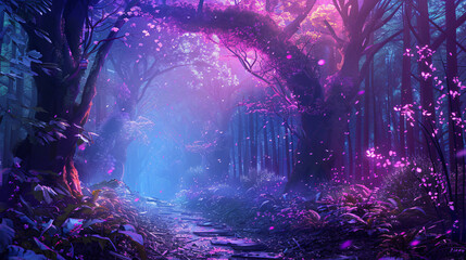 Fantasy and fairytale magical forest with purple