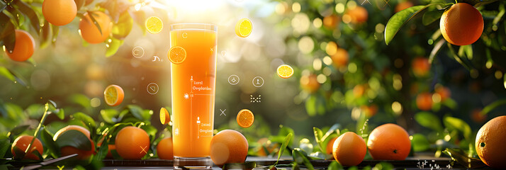 Freshly Squeezed Orange Juice Highlighting the Rich Vitamin Content and Percentage Infographics - obrazy, fototapety, plakaty