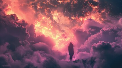 Figure standing in cosmic cloudscape with stars - Ethereal scene with a lone figure standing amidst majestic cosmic clouds and stars, evoking a sense of wonder - obrazy, fototapety, plakaty