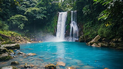 A majestic waterfall cascading into a tranquil pool in a lush forest