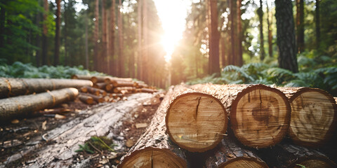 Pile of logs in the forest at sunset Beautiful nature background stack of logs in a forest with the sun shining Forest pine and spruce trees Log trunks pile the logging timber wood industry Wide banne - obrazy, fototapety, plakaty