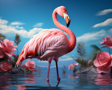 Pink flamingo on a background of pink flowers. 3d rendering