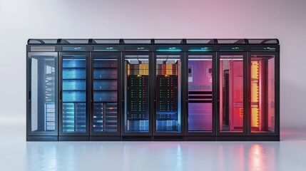 A row of computer servers with different colored lights