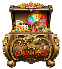 A luxurious treasure chest brimming with an assortment of casino games elements and gold coins, creating an enticing display of riches. Various gambling symbols adorn the chest. 3D illustration