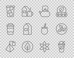 Set line Tea bag, Cup of tea with leaf, Kettle handle, Ice, Paper package for milk, Flower and icon. Vector