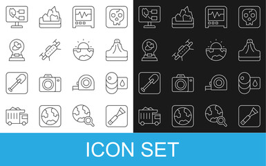 Set line Paint brush, Barrel oil, Volcano, Seismograph, Drone, Exhibition with minerals, rocks, Soil analysis and Earth core structure crust icon. Vector