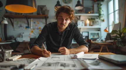 man with brown hair, wearing a black shirt and jeans, sitting at his drawing table sketching architectural drawings in an office space.