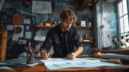 Fototapeta na wymiar man with brown hair, wearing a black shirt and jeans, sitting at his drawing table sketching architectural drawings in an office space.