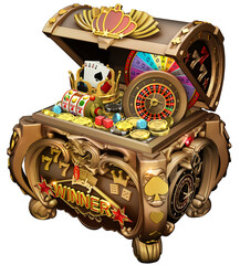 A large treasure chest overflowing with an assortment of casino games elements and gold coins mixed among them. The intricate design of the chest showcase an array of gambling symbols. 3D render